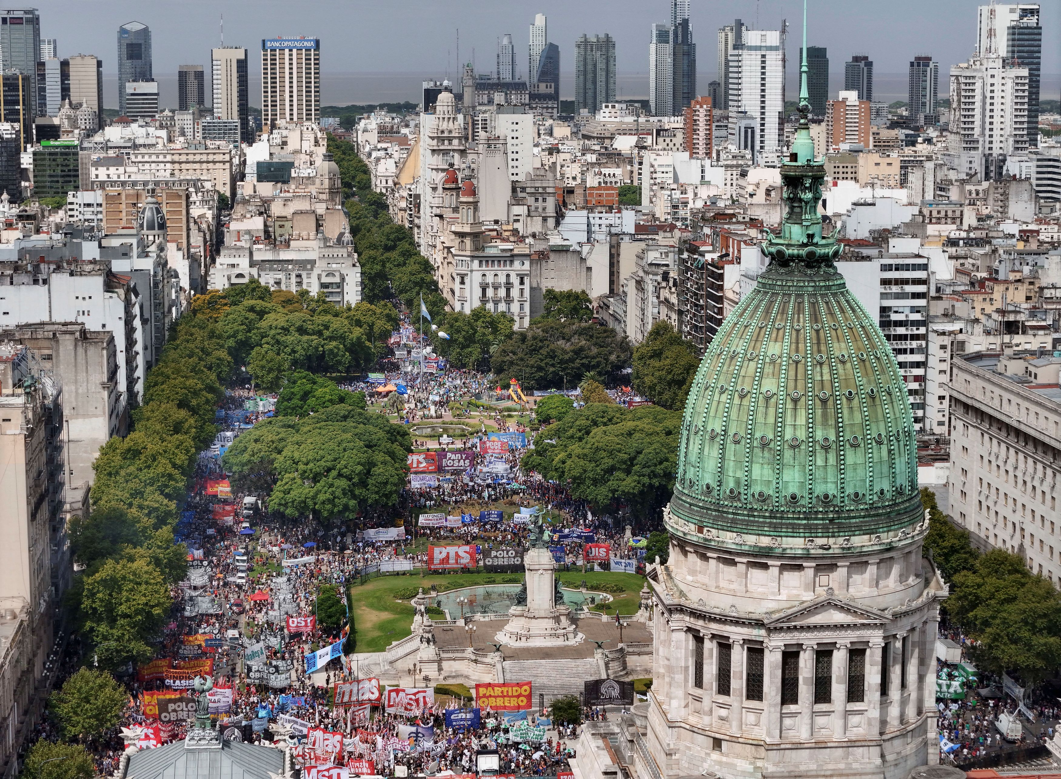 A drone view shows union members protesting outside the National Congress as members of Argentina's Senate discuss labour reforms proposed by President Javier Milei's libertarian government.