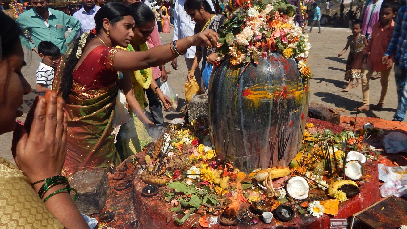 Devotees perform Puja to lord Shiva stone statue, near the temple, in Mahasihvaratri fesival.