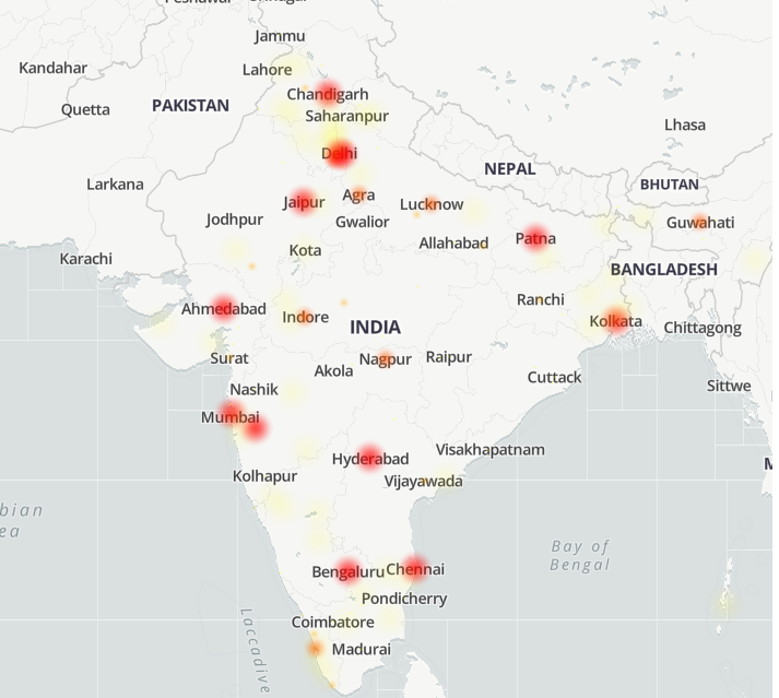 Downdetector heatmap showing X platform outage in India.