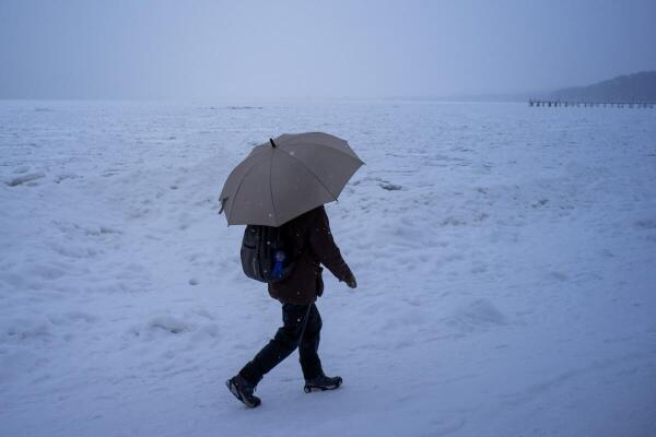 A person with an umbrella walks on snow at the shore of the Baltic Sea, where the current water levels are amongst the lowest on record, amid freezing temperatures, in Gdynia, Poland.