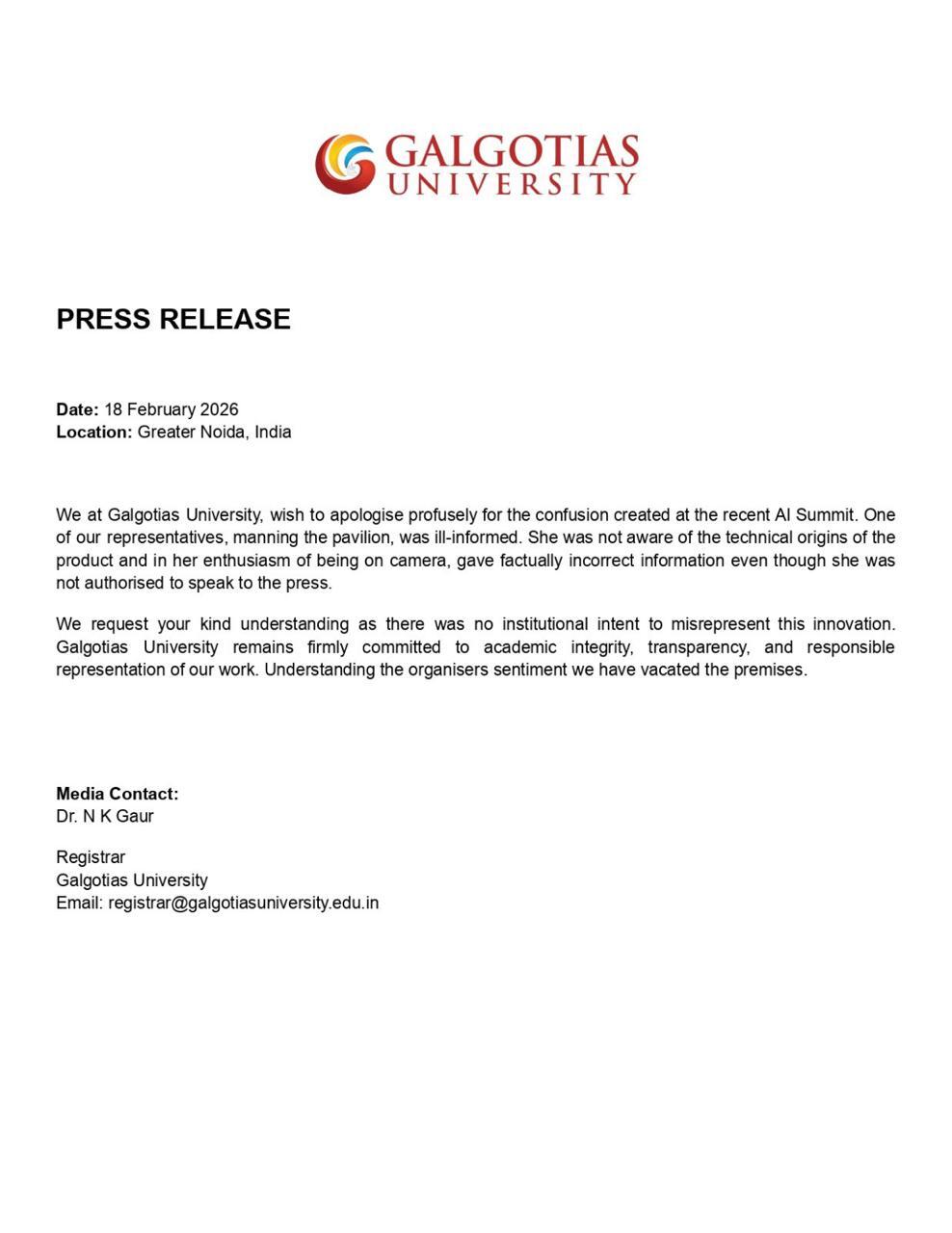 Official statement from Galgotias University. 