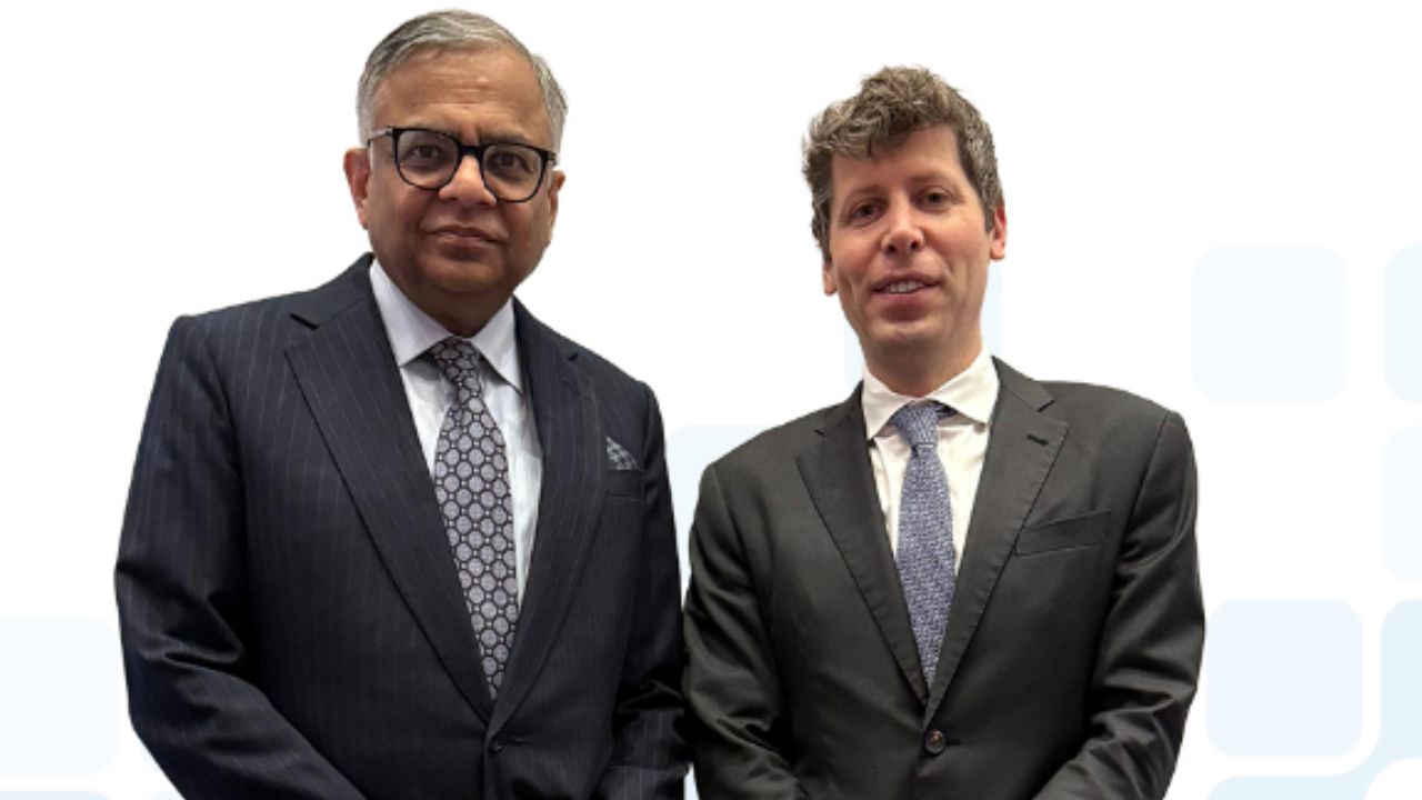 Tata Sons’ Chairman N. Chandrasekaran (L) with OpenAI CEO Sam Altman (R)