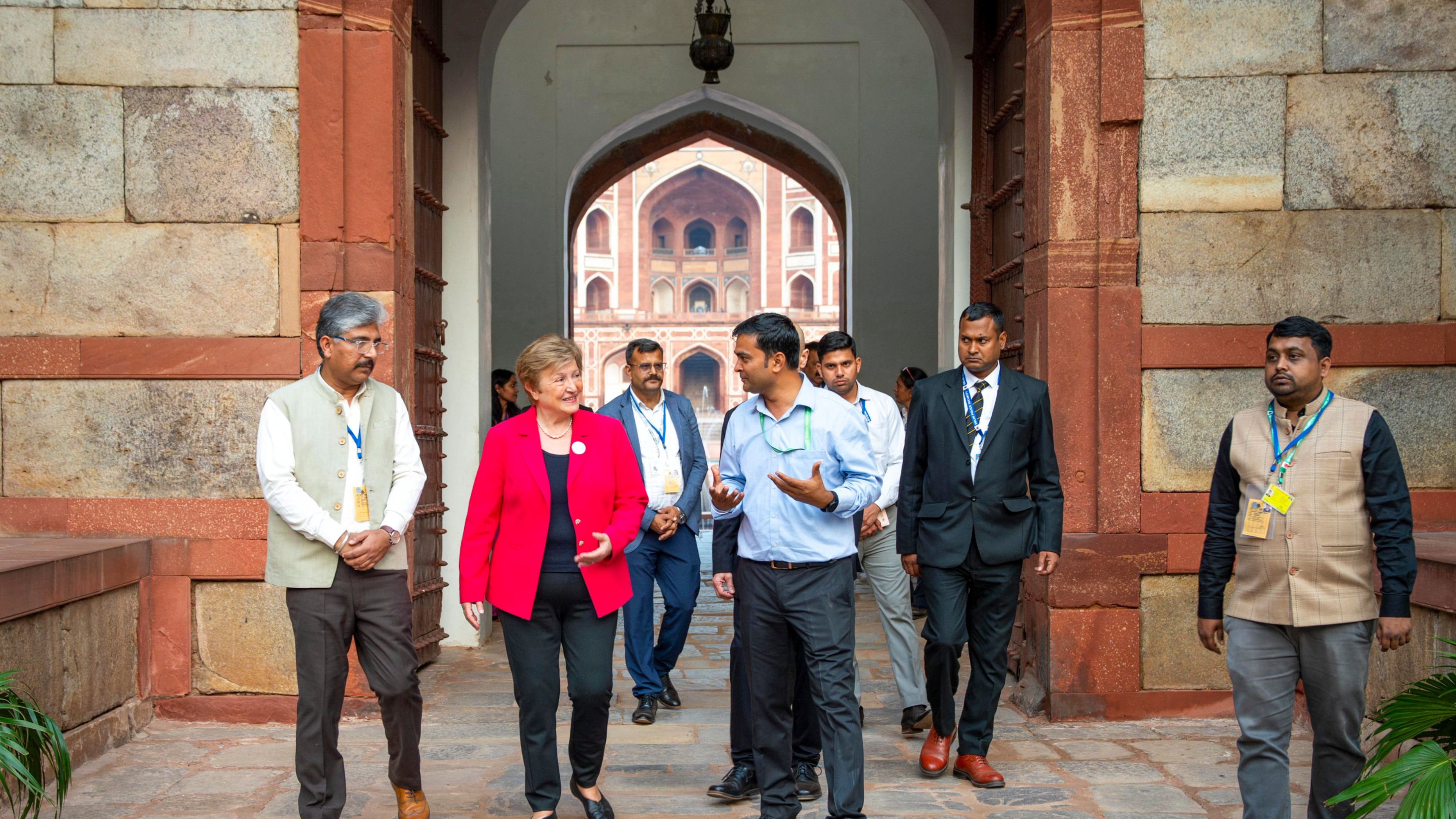 International Monetary Fund (IMF) Managing Director Kristalina Georgieva (in pink jacket) during a visit to Humayun’s Tomb in New Delhi earlier this week. 