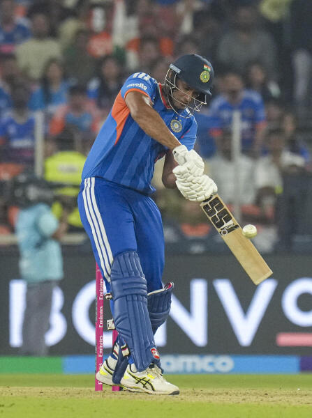 India's Shivam Dube plays a shot during an ICC Men's T20 World Cup 2026 cricket match between India and South Africa, at the Narendra Modi Stadium, in Ahmedabad.