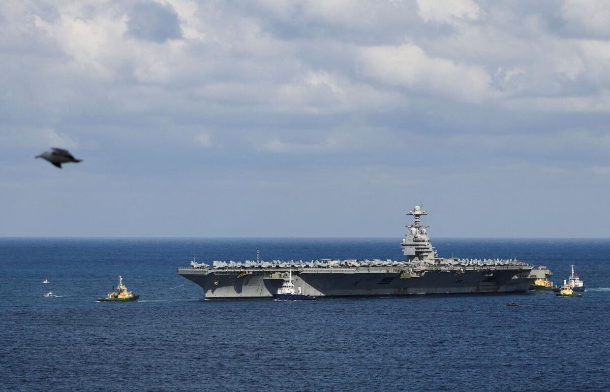 USS Gerald R. Ford aircraft carrier arrives at Souda Bay on the island of Crete, Greece.