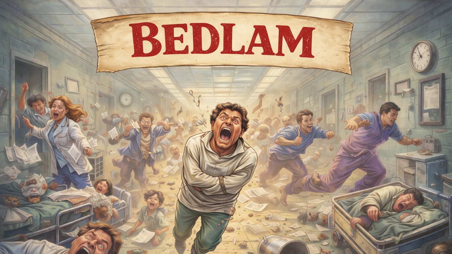 Word of the Day: Bedlam - A scene of uproar, confusion, and wild chaos