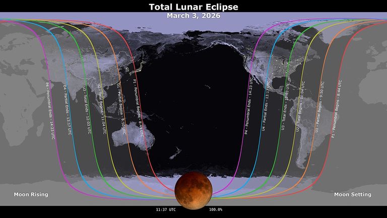Map showing areas of visibility of the total lunar eclipse. 