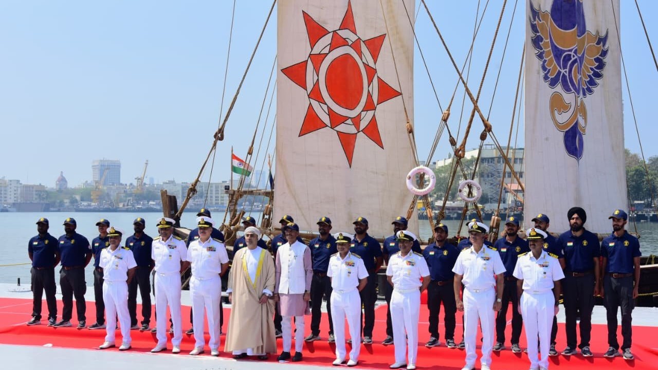 INSV Kaundinya flagged into Mumbai harbour after maiden voyage to Oman
