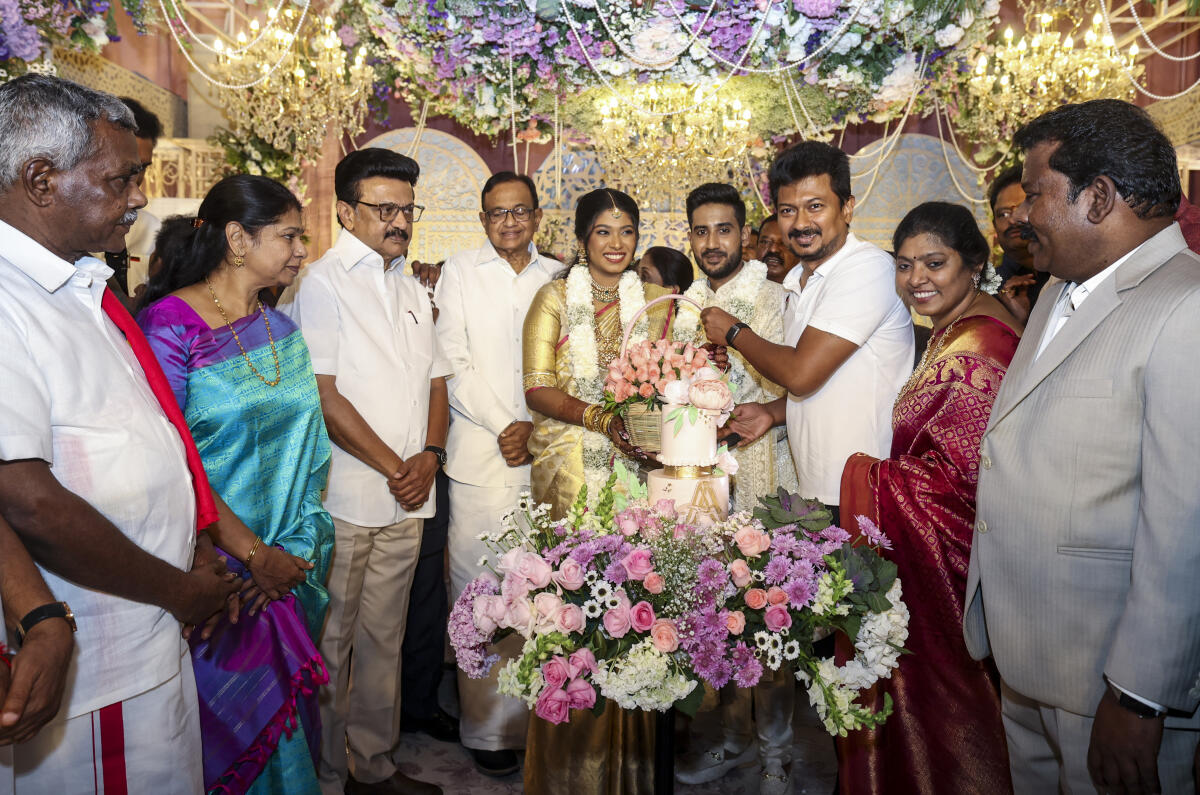Tamil Nadu Chief Minister MK Stalin, Congress leader P Chidambaram, DMK MP Kanimozhi Karunanidhi, Deputy Chief Minister Udhayanidhi Stalin and others during the engagement of Tamil Nadu Congress Committee chief K Selvaperunthagai's daughter on the outskirts of Chennai. PTI