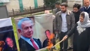 PDP’s Mehbooba Mufti stages protest in Srinagar, burns posters of Netanyahu to condemn ongoing action against Iran