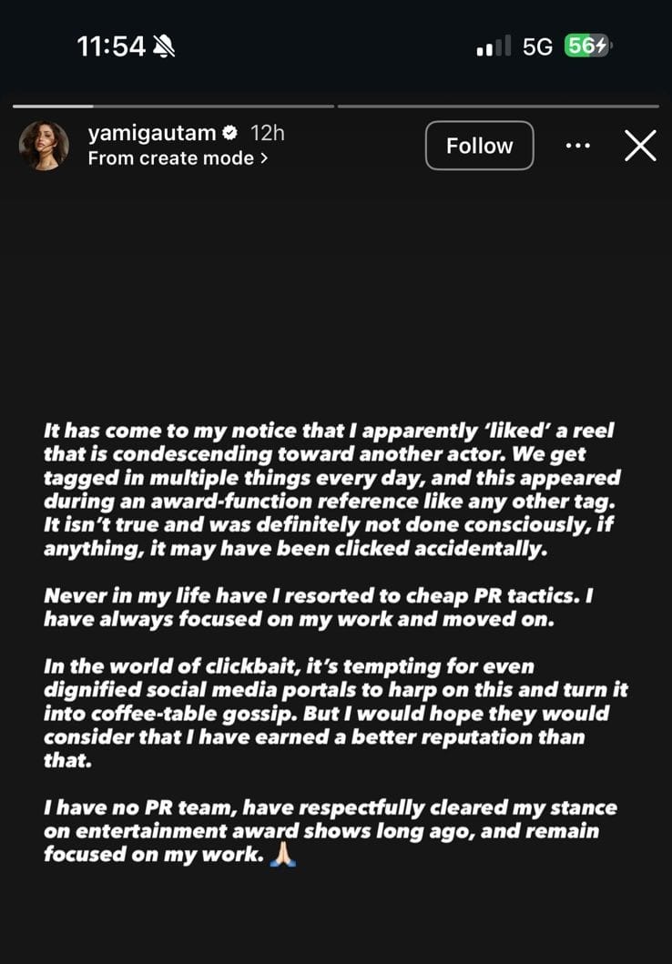 Screenshot of Yami Gautam's Instagram Story