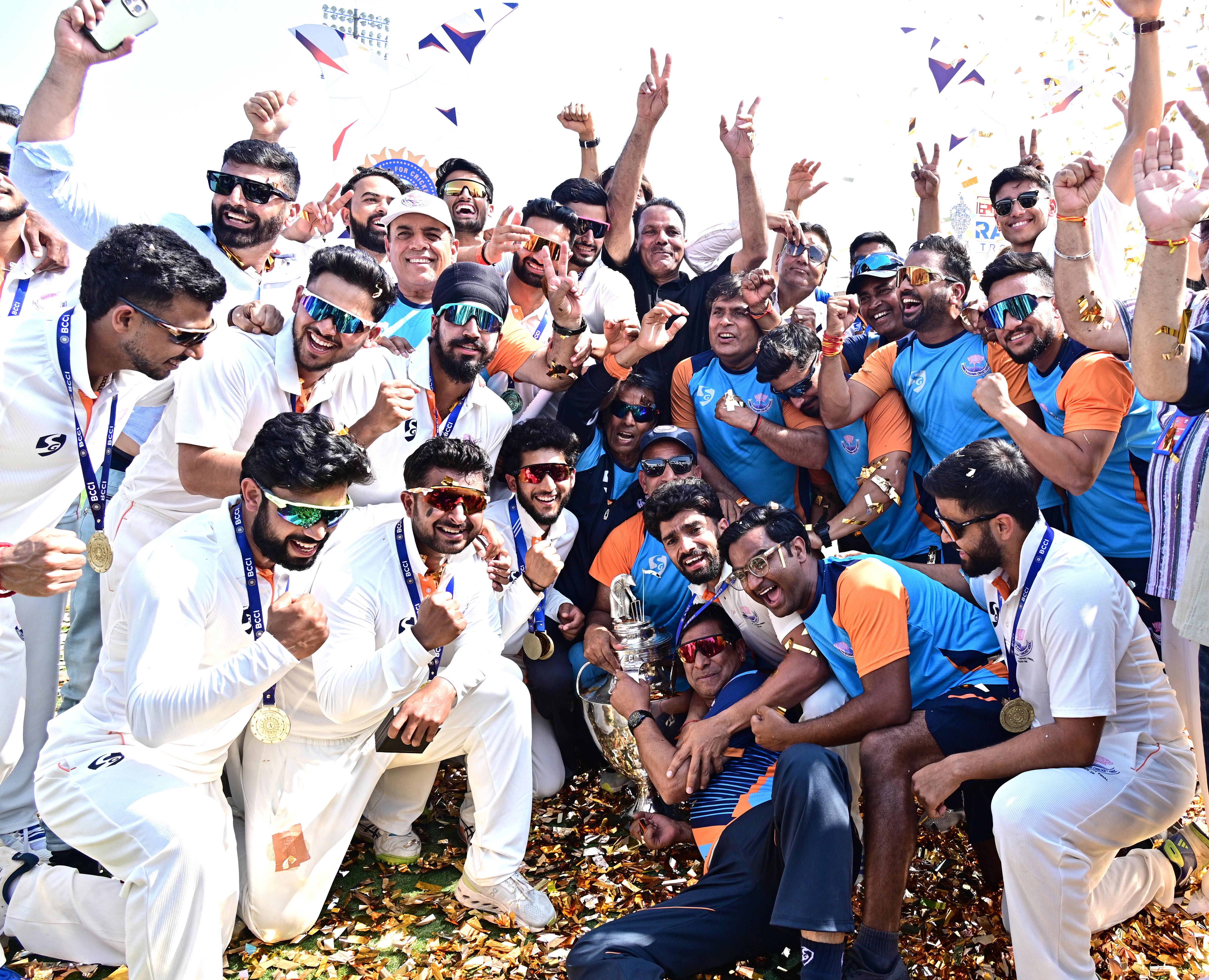 The J&K cricket team celebrate after their first-ever victory in the Ranji Trophy at KSCA Stadium in Hubballi. Photo/Govindraj Javali