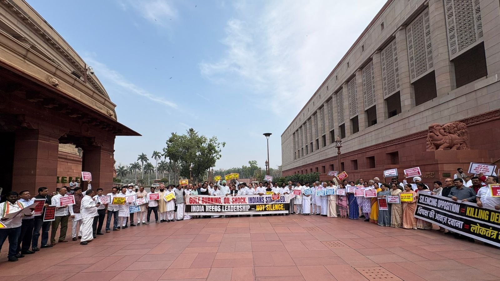 West Asia conflict | Oppn MPs stage protest in Parliament complex demanding full-fledged debate