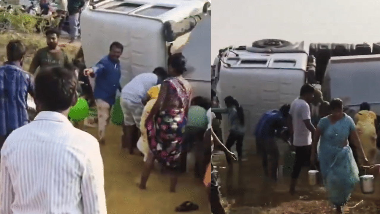 Ghee loot! Locals gather with containers after tanker carrying 21,000 litres to Tirumala overturns in Andhra