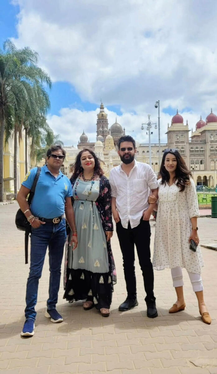 Balendra Shah with his wife Sabina Kafle (to his left), sister Sujata Sejekan and brother in-law Harish Sejekan in Mysuru. 