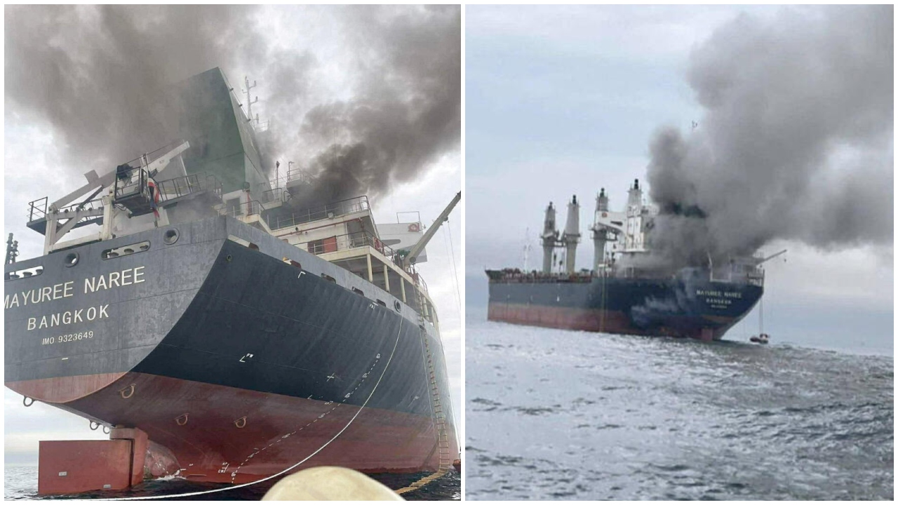 Thai ship struck by projectiles in Strait of Hormuz; 20 sailors rescued amid fire & smoke, three crew missing