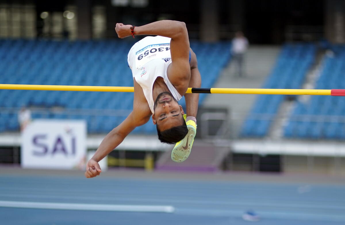 India's Praveen Kumar competes in the Men's High Jump T44 event during the World Para Athletics Grand Prix 2026 at Jawaharlal Nehru Stadium in New Delhi.