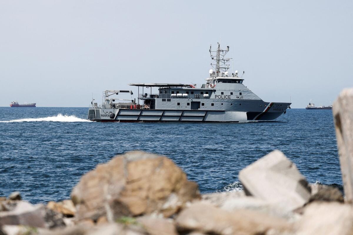 Royal Oman Police Coast Guard patrol boat surveys the area as the traffic is down in the Strait of Hormuz, in Muscat.