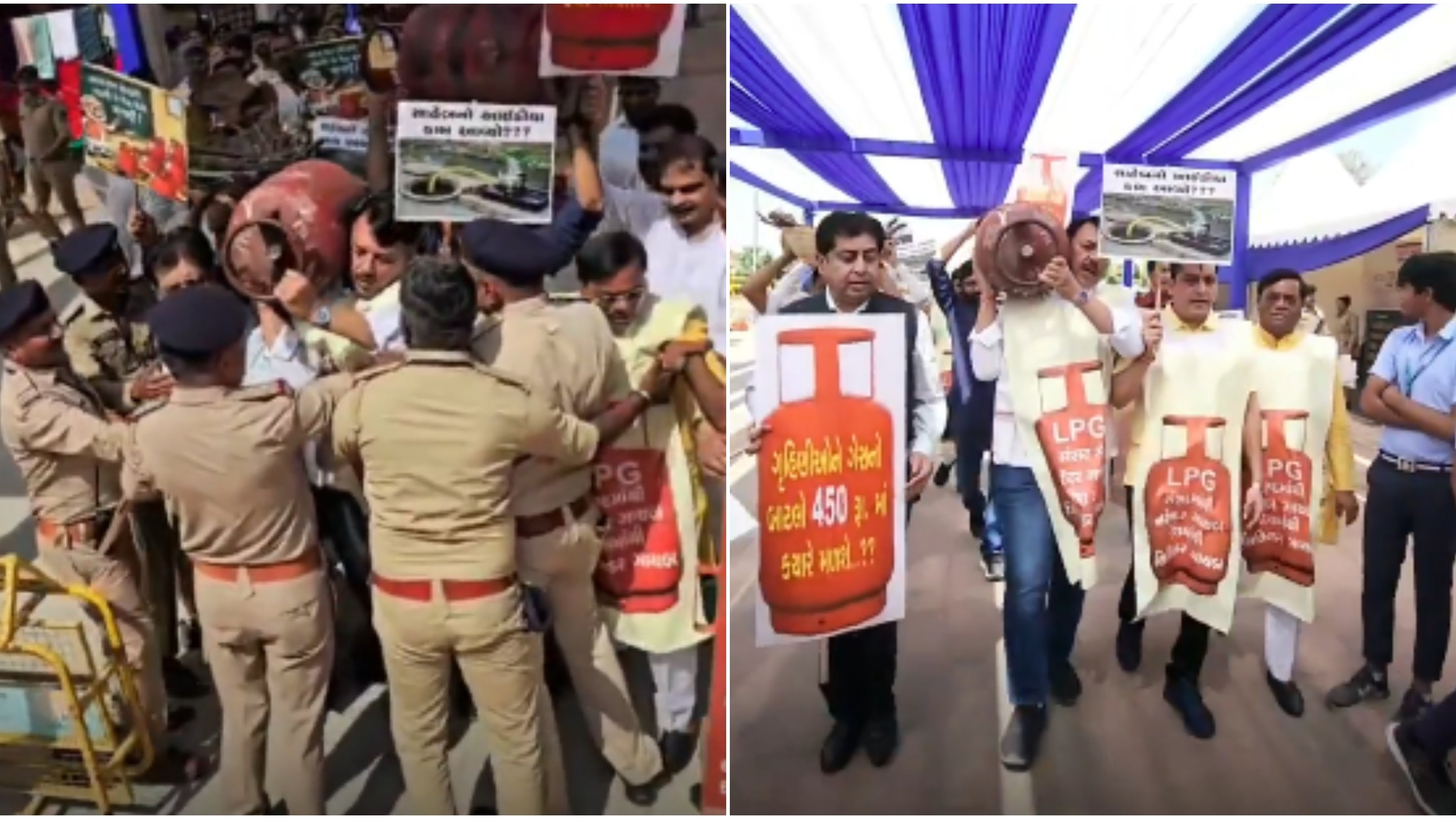 Gujarat Congress MLAs reach assembly with placards, cylinders even as govt assures sufficient LPG