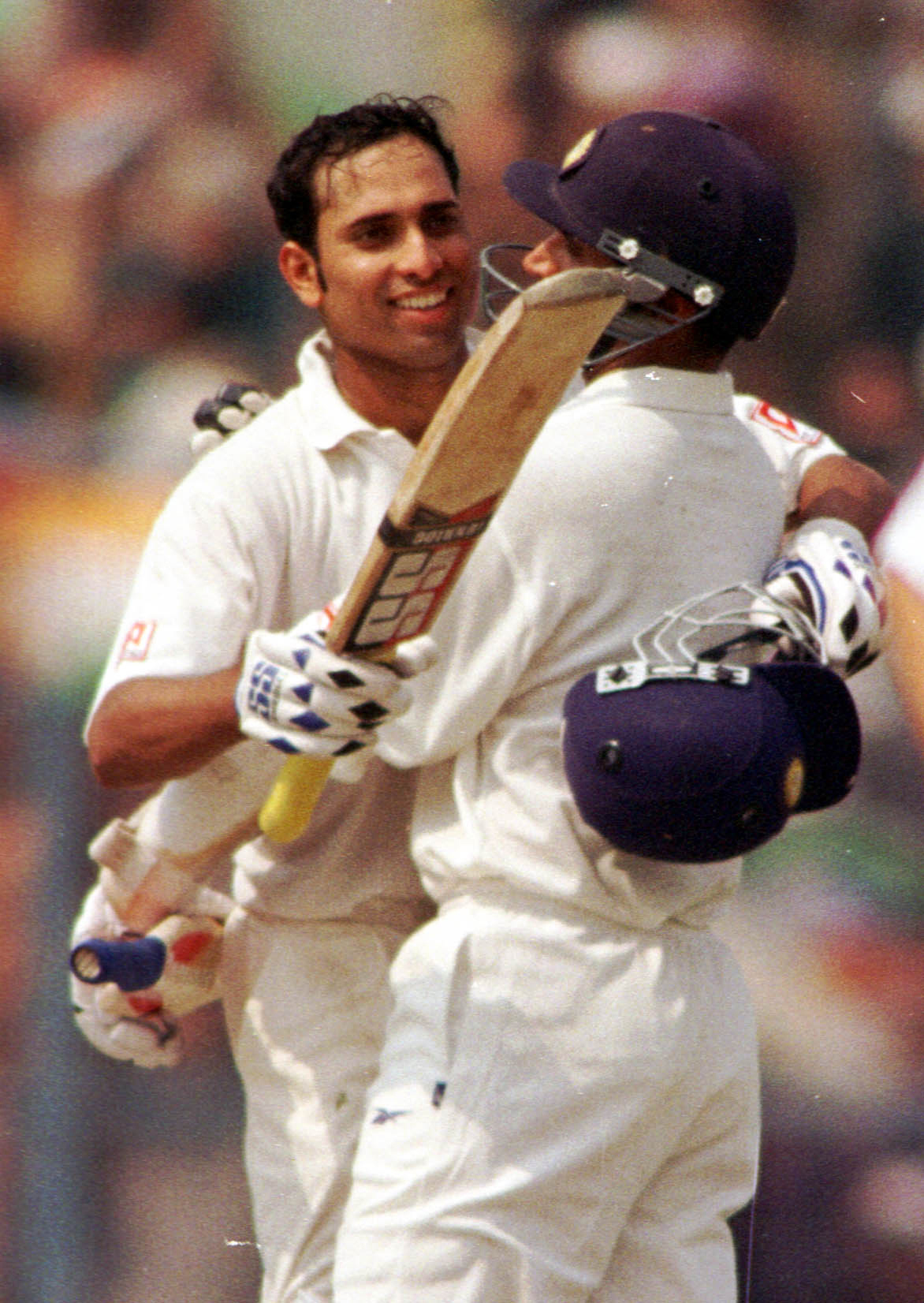 VVS Laxman (left) celebrates his double hundred with team-mate Rahul Dravid. DH Archives/ Srikanta Sharma R