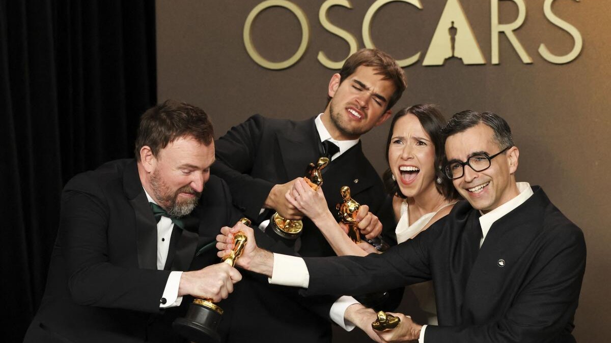 Sam A. Davis and Jack Piatt, winners of one of the two Best Live Action Short Film awards, for The Singers, pose with Alexandre Singh and Natalie Musteata, winners of the other Best Live Action Short Film award for Two People Exchanging Saliva.