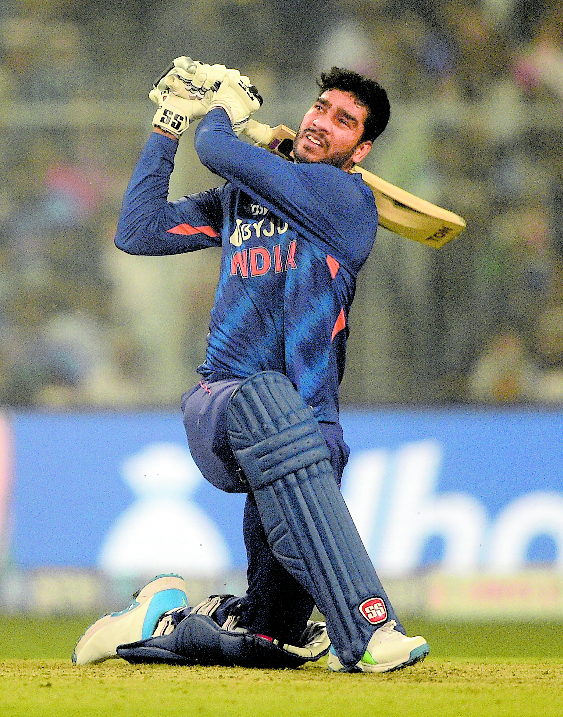 Kolkata: Indian batsman Venkatesh Iyer plays a shot during their 3rd and final Twenty20 cricket match of the series against New Zealand at Eden Garden in Kolkata Sunday Nov. 21 2021. 