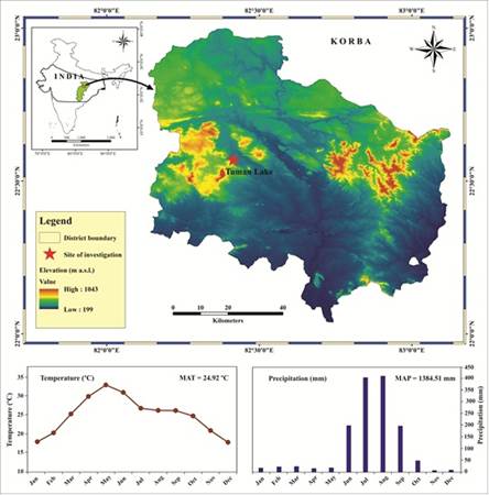 An infographic showing Korba district in Chhattisgarh, and the Core Monsoon Zone  of India (dark black and bold lines)