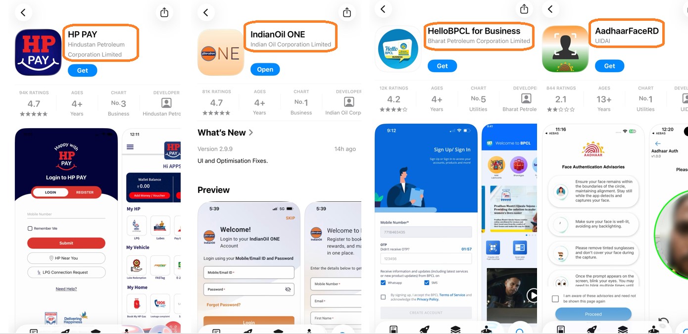 HP Pay, IndianOil One, HelloBPCL for Business and AadhaarFaceRD on Apple App Store.