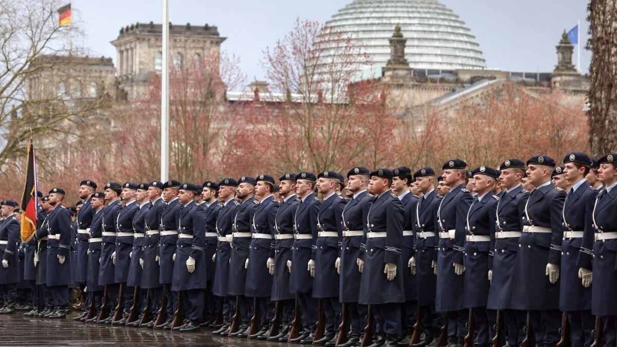 Members of the Bundeswehr's Wachbataillon (Guard Battalion) attend a welcoming ceremony for Dutch Prime Minister Rob Jetten, in Berlin, Germany, March 16, 2026.