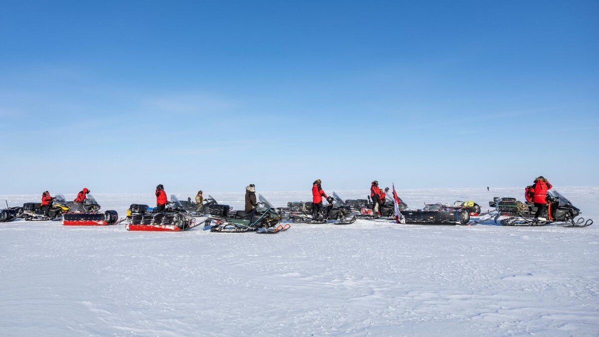 A drone view of Canadian Rangers from 1st Canadian Ranger Patrol Group (1 CRPG) on their way from Cambridge Bay to Gjoa Haven on a long-range patrol as Canada's Armed Forces deploy above the Arctic Circle for "Operation Nanook," a yearly series of drills designed to highlight the military's ability to defend the Canadian Arctic, on the sea ice of Victoria Strait, west of King William Island, Nunavut, Canada.