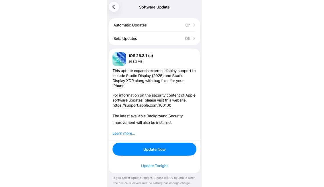 Apple iOS 26.3.1 (a).