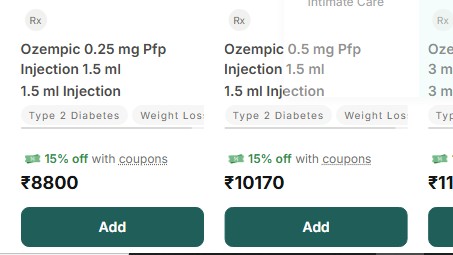 Price of Ozempic injections as listed on the Apollo pharmacy.