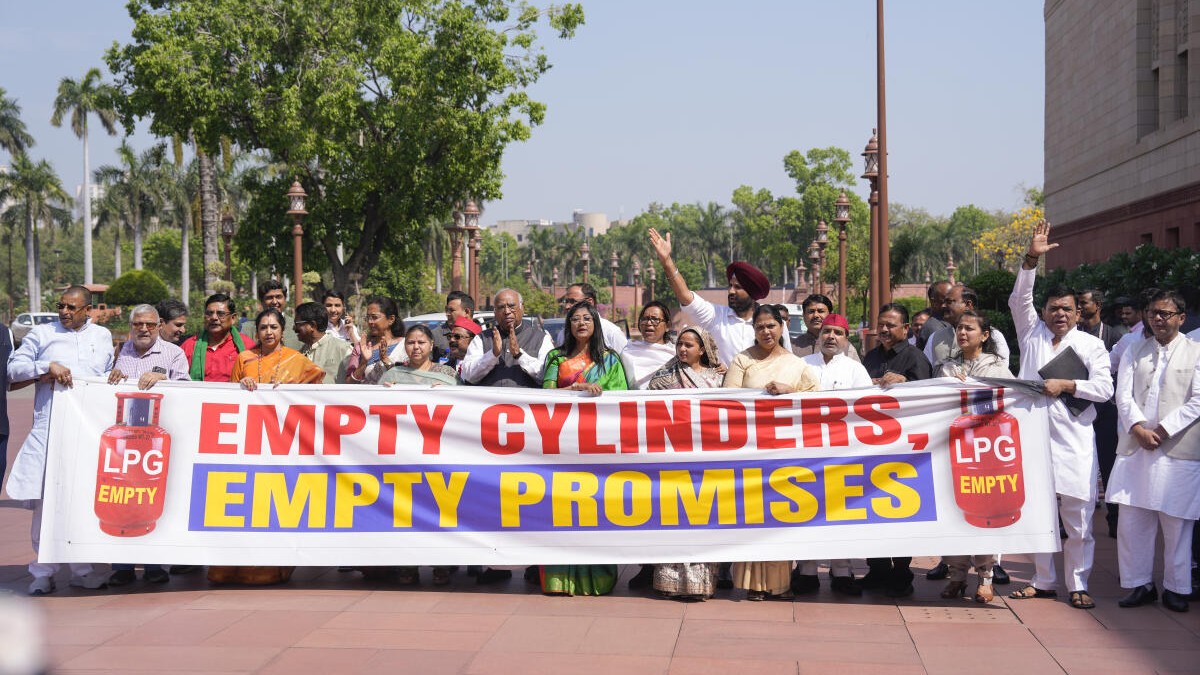'Empty cylinders, empty promises': Opposition MPs stage protest in Parliament House complex over LPG crisis in India