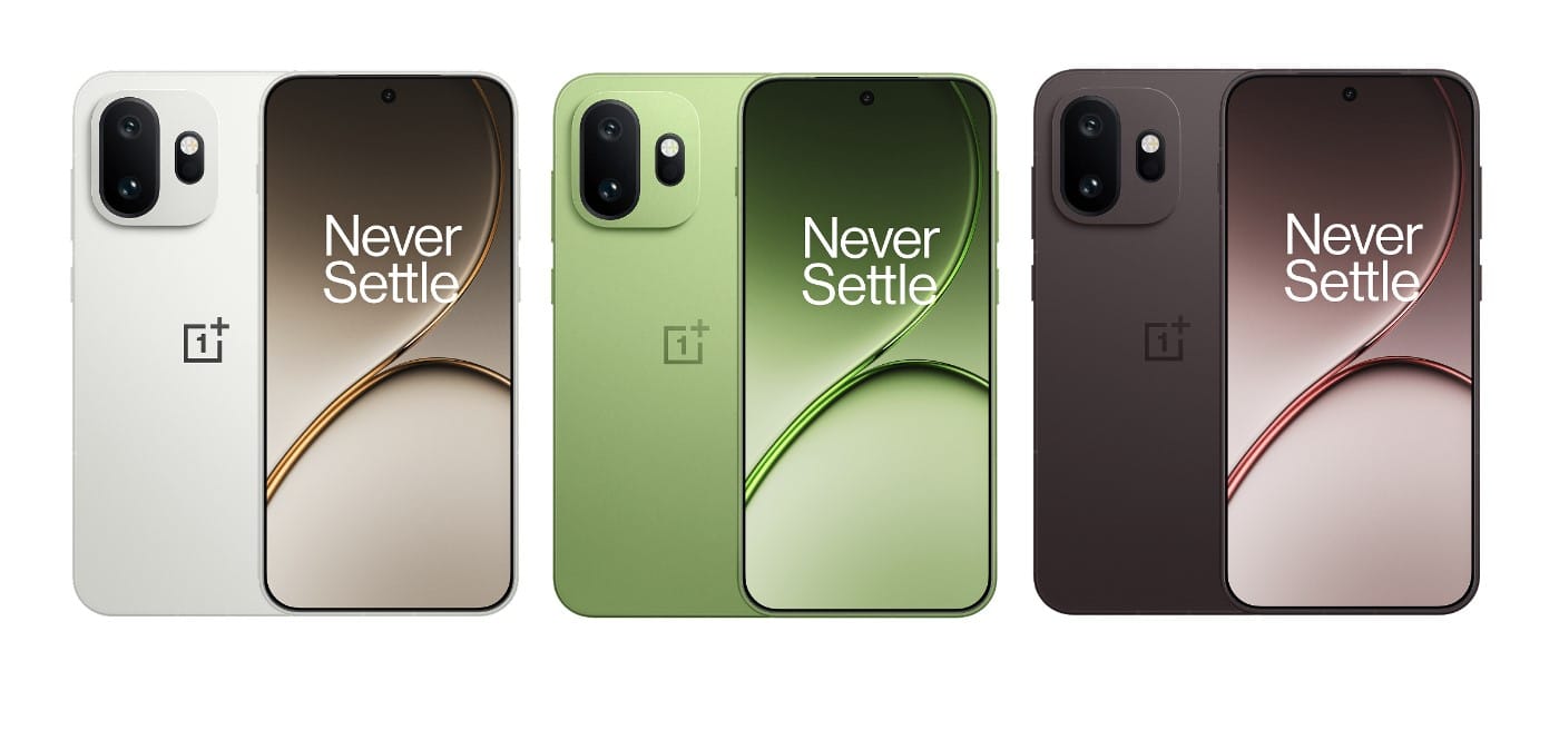 OnePlus 15T series colours-- (left->right): healing white chocolate, relaxing matcha (green) and pure cocoa (brown).