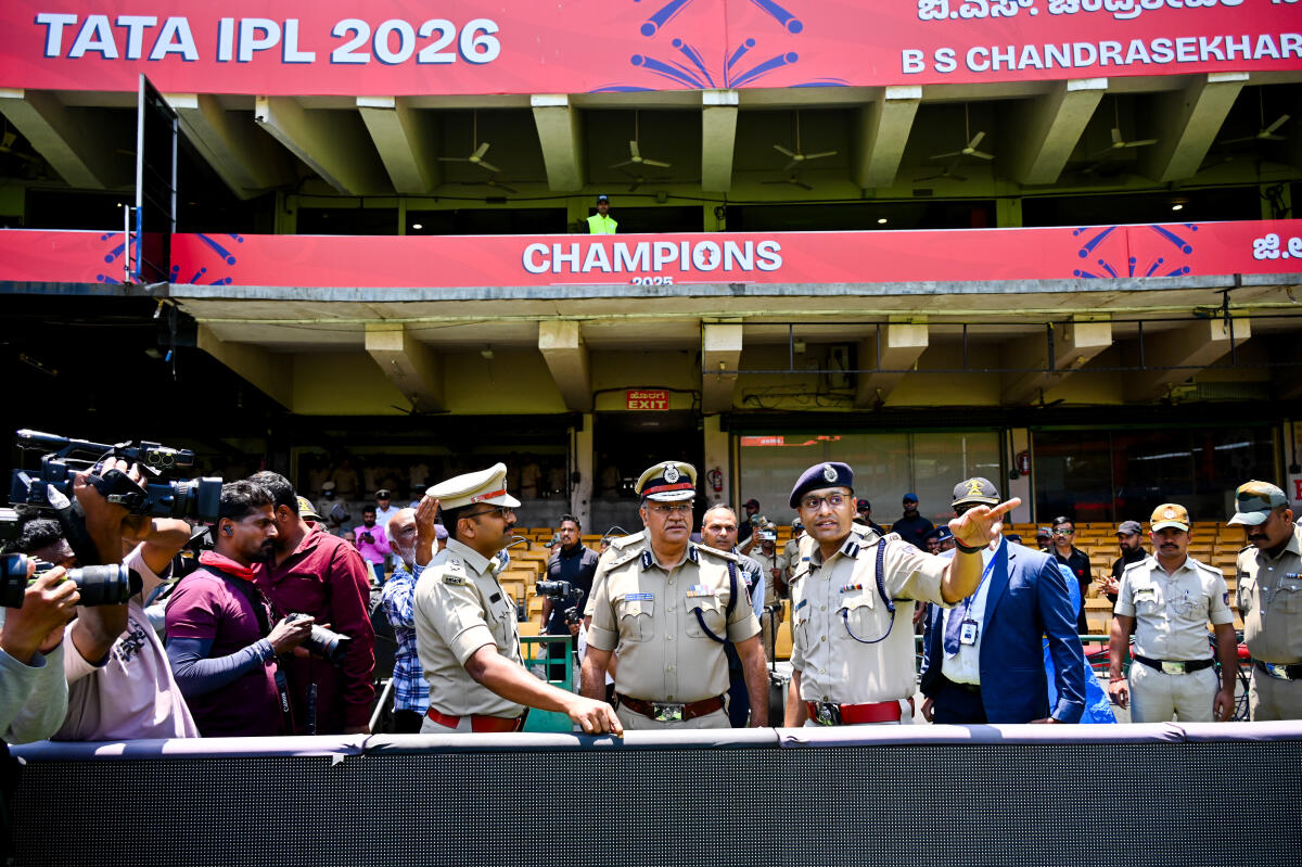 Top police officials conduct an inspection at M. Chinnaswamy Stadium in Bengaluru
