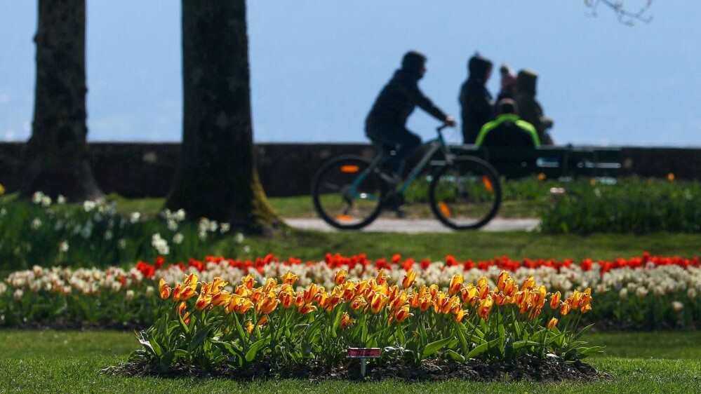 People move past tulips in the Parc de L'Independance during the Tulip Festival in Switzerland.