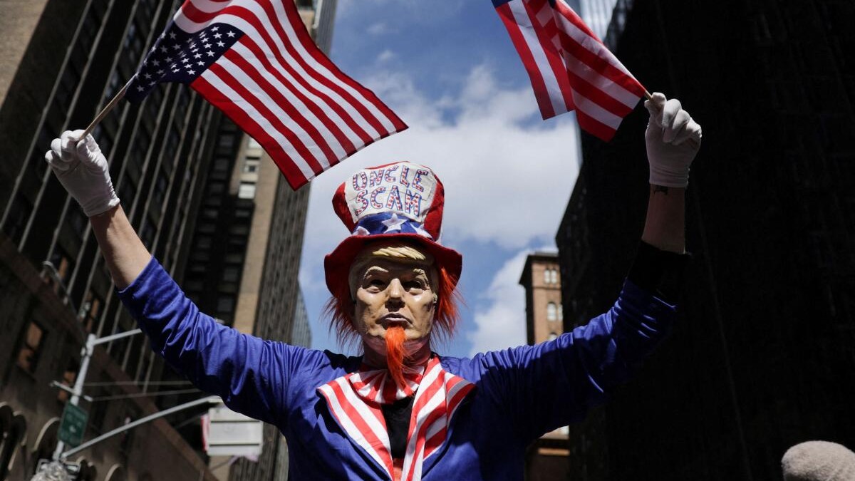 A dressed-up demonstrator at the 'No Kings' protest in New York City, New York.