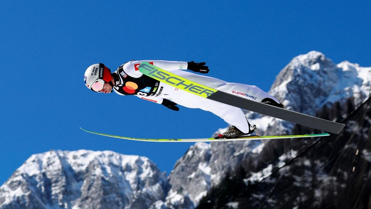 Poland's Kamil Stoch in action during the men's team HS240 first round at the FIS Ski Jumping World Cup in Slovenia.