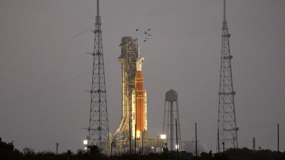 NASA's next-generation moon rocket, the Space Launch System (SLS) rocket with the Orion crew capsule, on Pad 39B ahead of the Artemis II mission launch.
