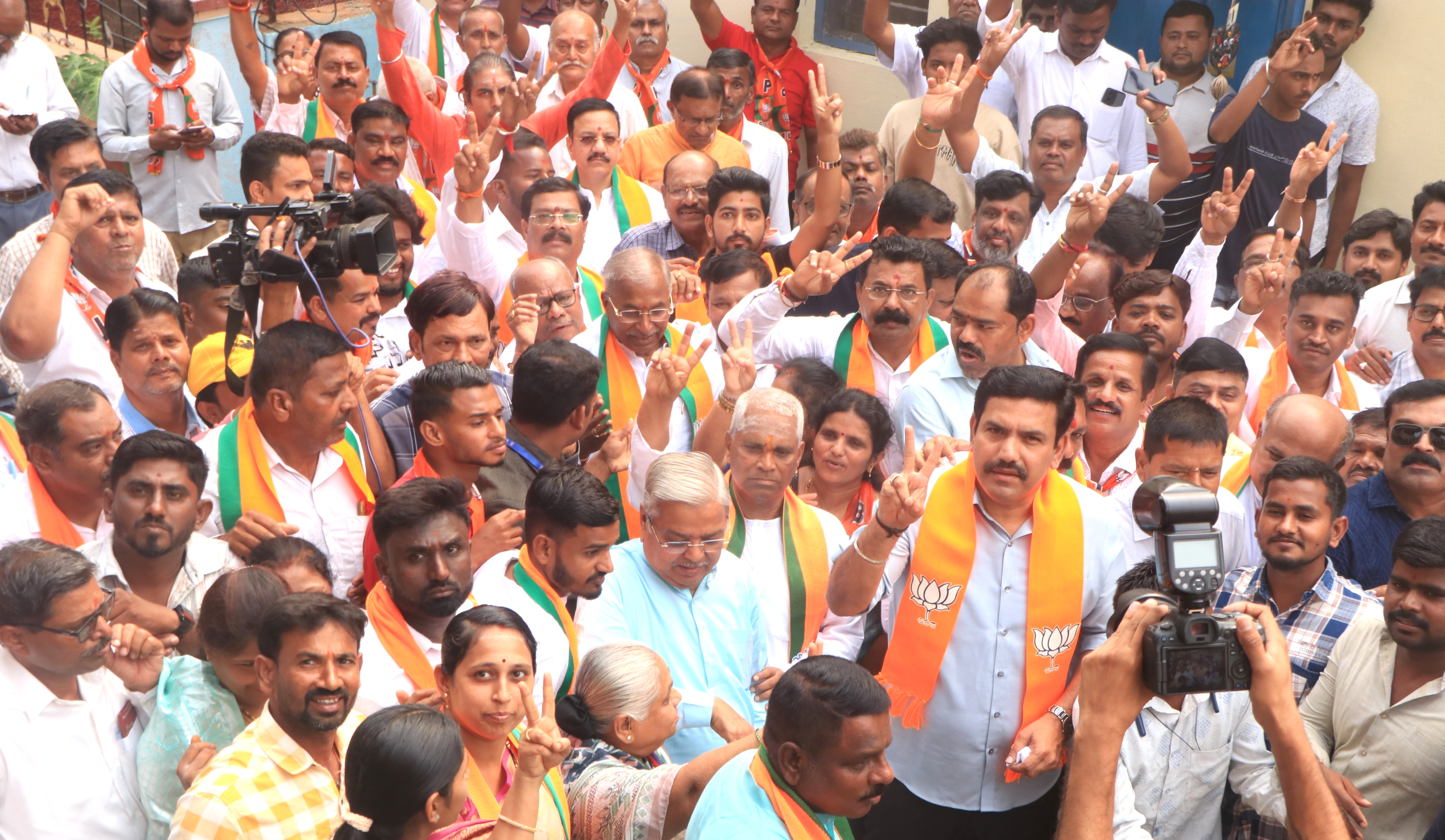 State BJP president B Y Vijayendra conducts door-to-door campaign in Bagalkot on Monday.