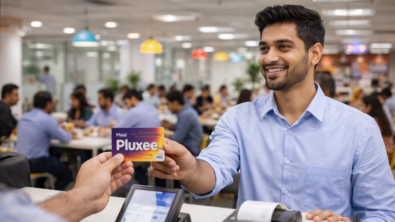 An AI-generated image showing a man using a meal voucher.