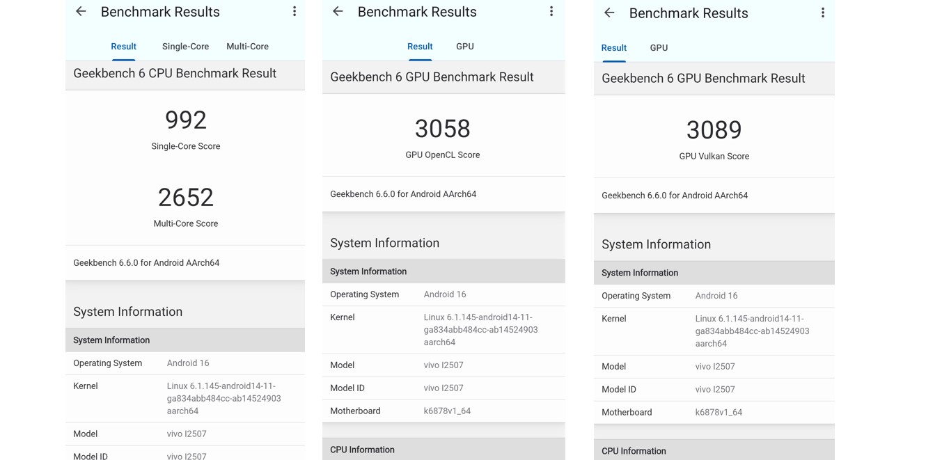 iQOO Z11x's CPU and GPU performance score on Geekbench 6.0.