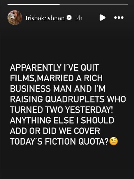 Screengrab of Trisha Krishnan's Instagram story.