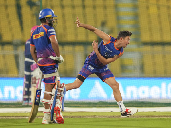 Mumbai Indians' Corbin Bosch bowls during a training session ahead of an Indian Premier League (IPL) 2026 T20 cricket match between Mumbai Indians and Rajasthan Royals, in Guwahati, Monday.