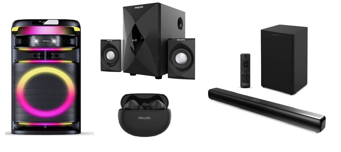 Philips TAX3004 Party Loudspeaker (left), Philips MMS2634 2.1 channel Multimedia Speaker (top in the middle),Philips TAT1269 True Wireless Earbuds (at the base in the middle) and  Philips TAB4330 Soundbar  (extreme right).