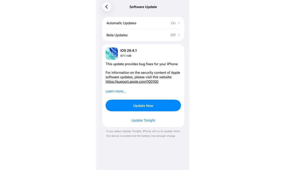 Apple iOS 26.4.1 update.