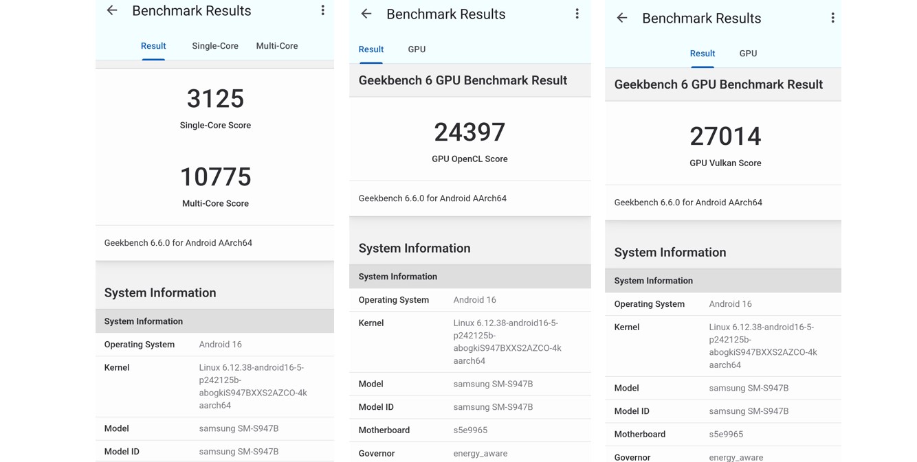 Samsung Galaxy S26+'s CPU and GPU performance score on Geekbench 6.0.