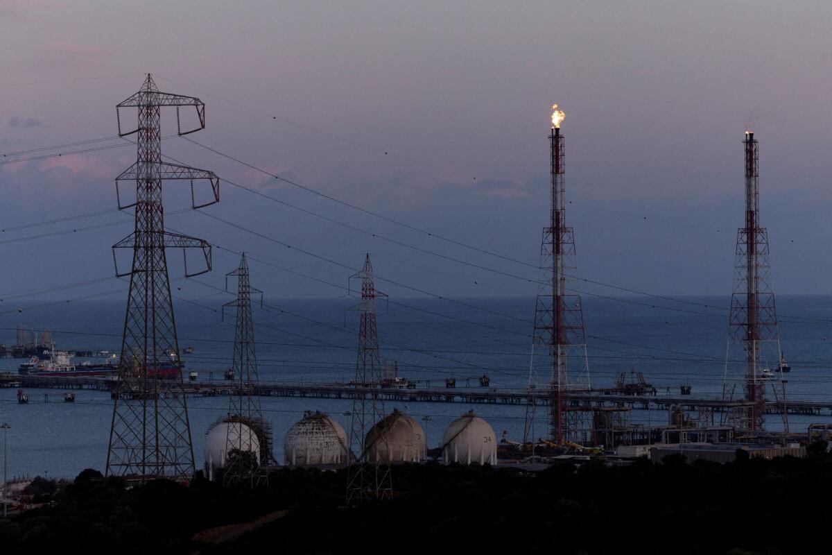 General view of the Saras oil refinery in Cagliari, Italy.