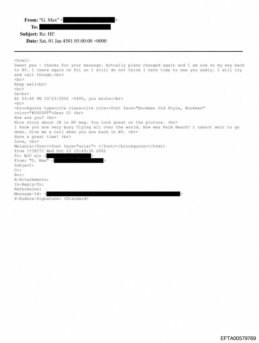 An email exchange that appears to be between Melania Trump and Ghislaine Maxwell in image released by U.S. Justice Department. Reuters photo