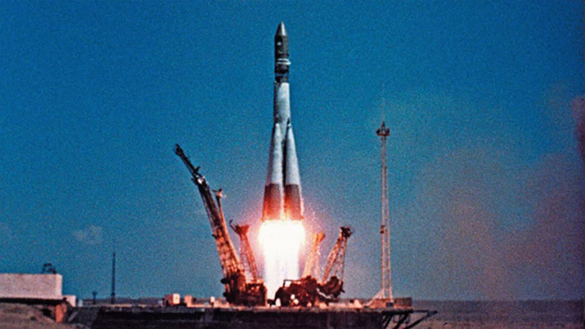 Vostok-1 blasts off from Baikonur Cosmodrome. 
